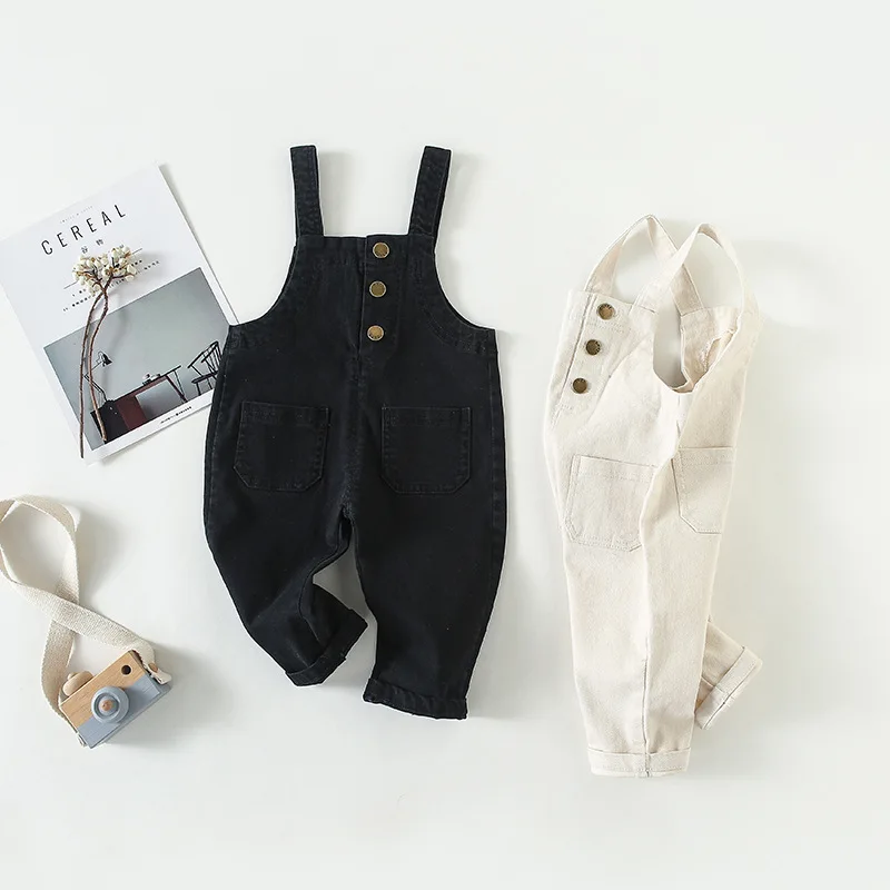 

Casual Baby Boys Girls Kids Children Roupas Solid color Cute three buckles Full Length denim Pants Trousers Overalls C1427