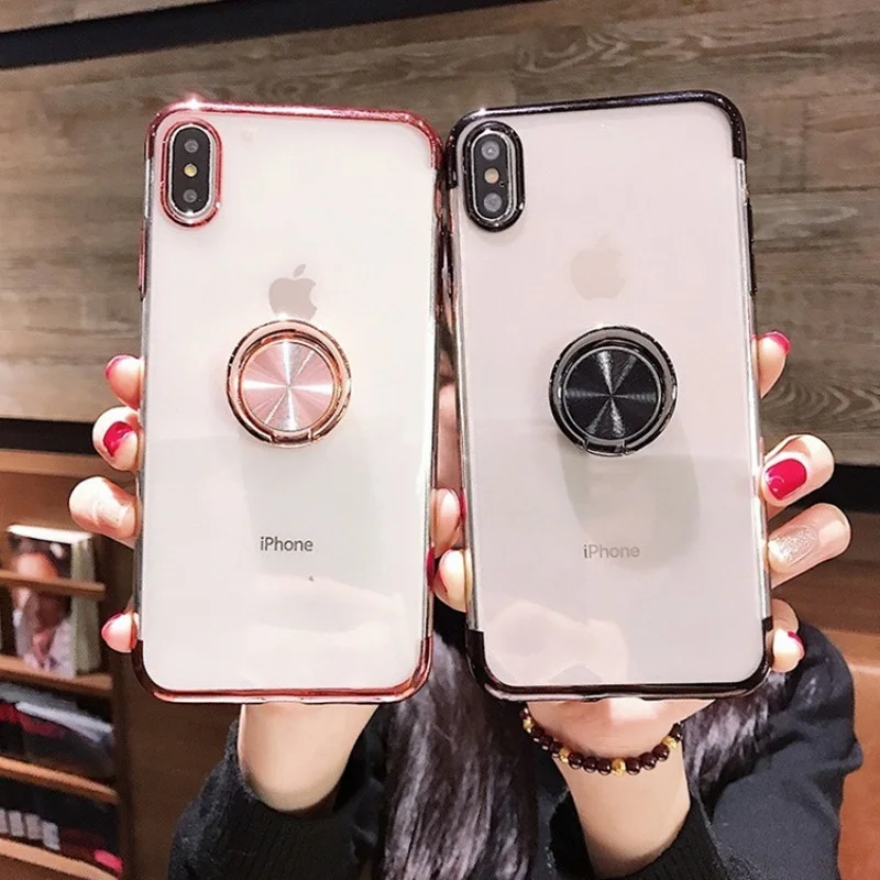 الفاخرة تصفيح سيليكون مع حلقة حامل متعددة الوظائف قاعدة للآيفون 5 5 S SE 6 6 S 7 8 زائد X XS ماكس XR غطاء شفاف