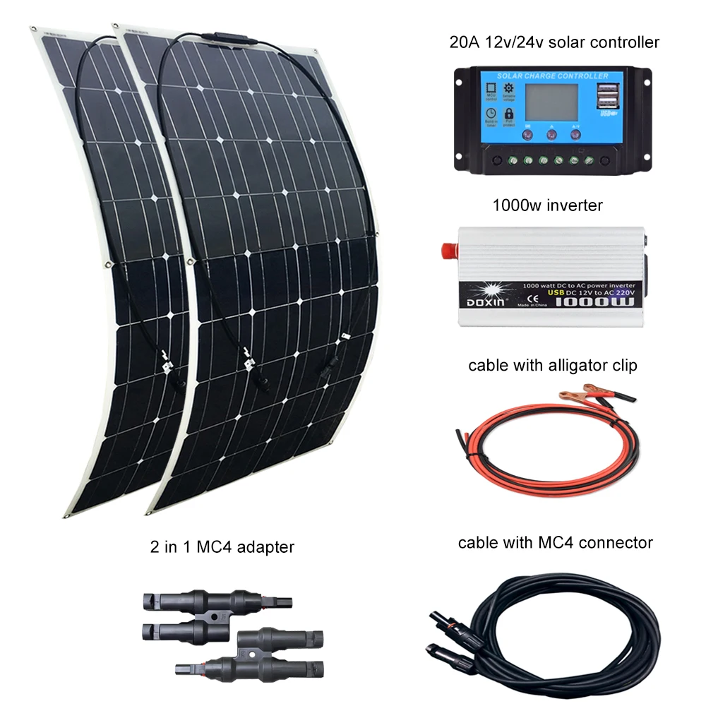 BOGUANG 2 шт 100 Вт солнечная панель 12 В/24 В 20A контроллер и 110 В или 220 В 1000 Вт Инвертор 200 Вт солнечная панель s комплект системы для дома