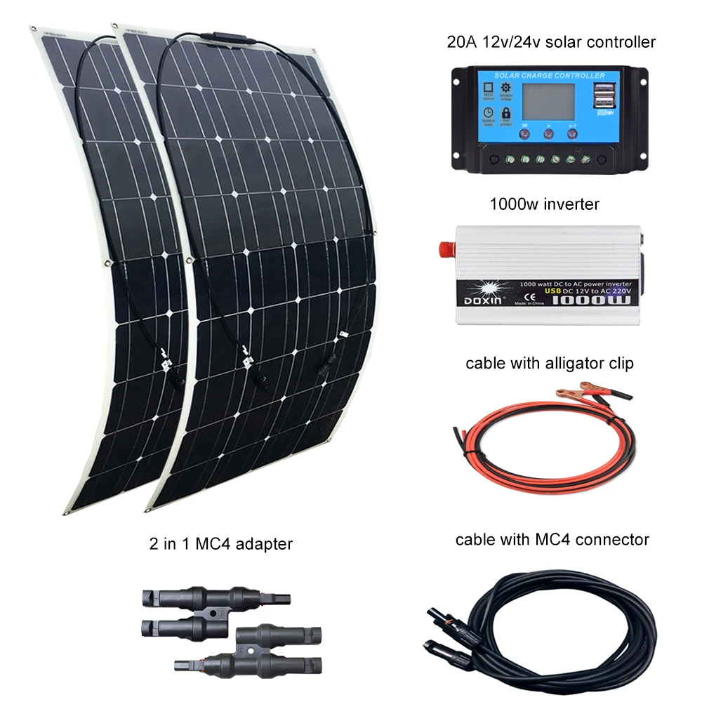 BOGUANG 2 pcs 100W Solar Panel 12V / 24V 20A Controller and 110V or 220V 1000W Inverter 200W Solar Panels kit system for home BOGUANG 2 pcs 100W Solar Panel 12V / 24V 20A Controller and 110V or 220V 1000W Inverter 200W Solar Panels kit system for home