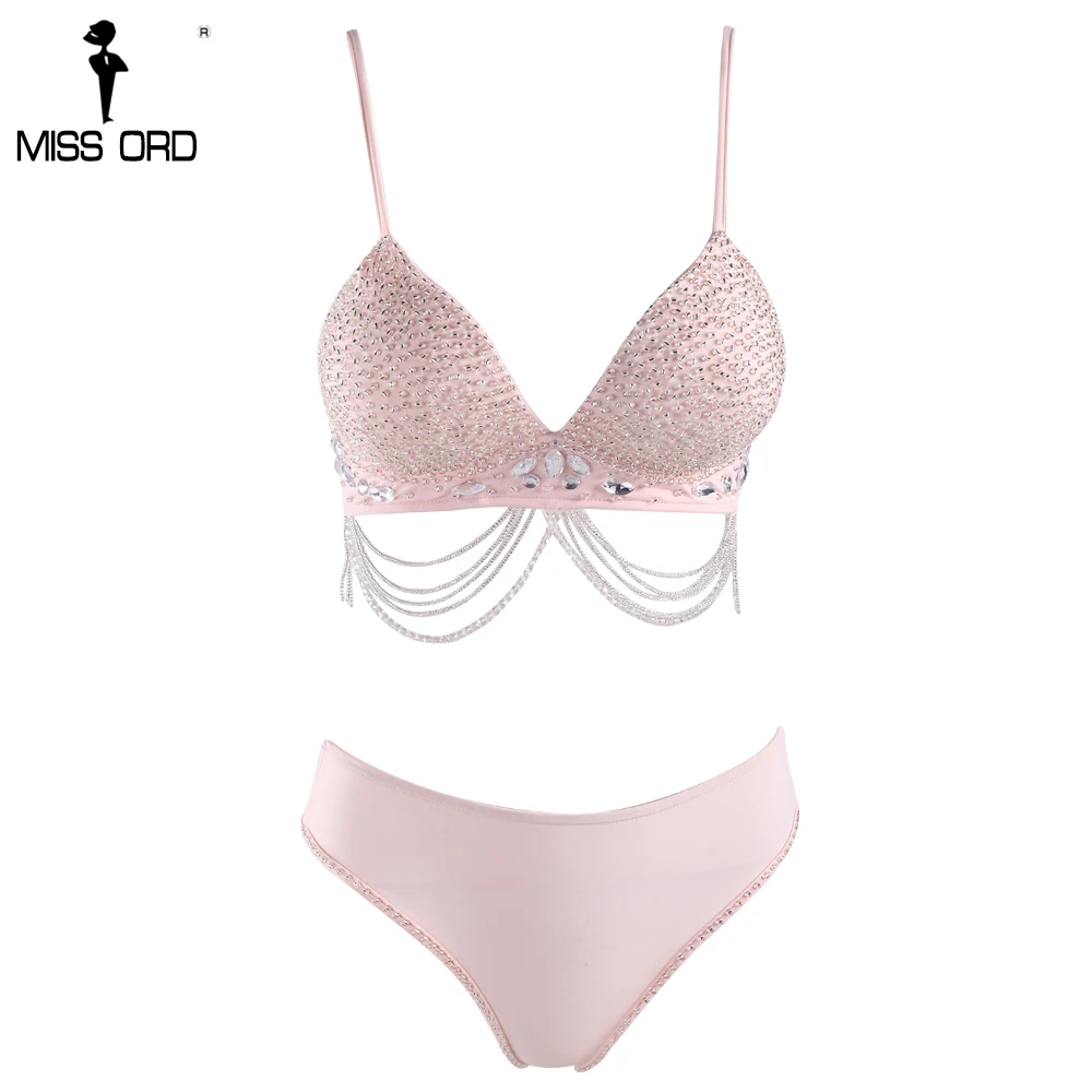 

Missord 2020 Sexy V-neck harness chain rhinestone pink color bodysuit FT8130