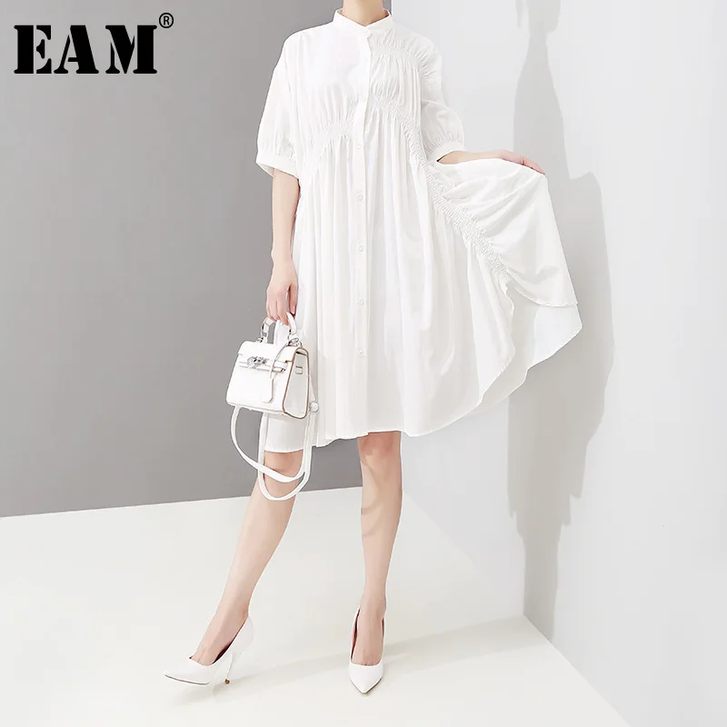 

[EAM] 2019 New Spring Summer Stand Collar Short Sleeve White Ruffles Stitch Loose Big Size Dress Women Fashion Tide JU841