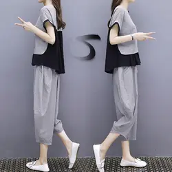 Для женщин укороченный топ и Комплекты штанов лето-осень полиэстер комплект из двух предметов однотонные женские Костюмы Размеры S-XXL