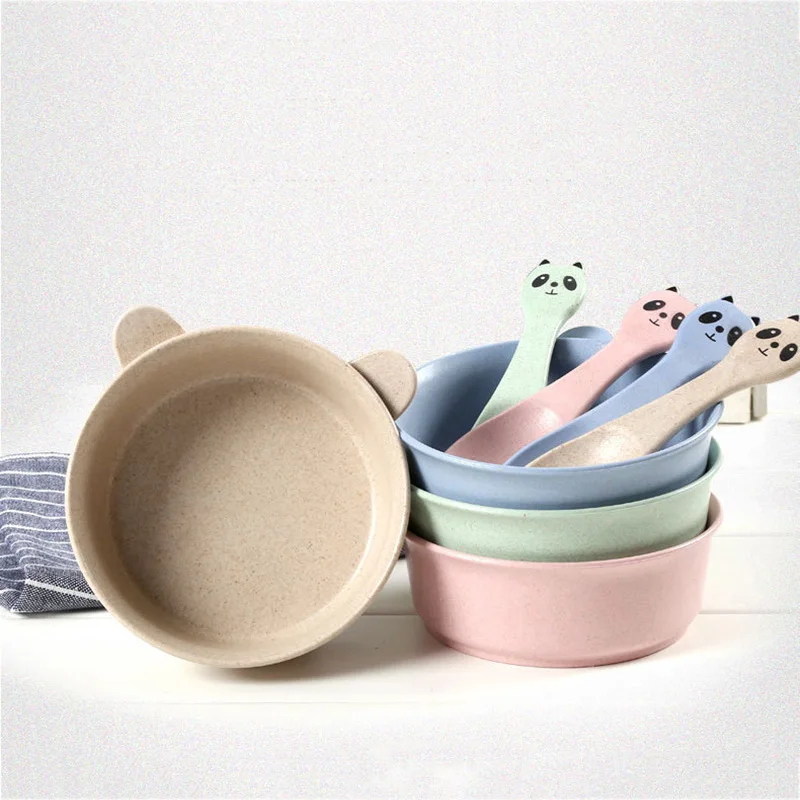 

2 Pcs/Set Baby Feeding Food Tableware Cartoon Panda Bowl Spoon Wheat Kids Dishes Children Anti-hot Training Dinnerware T2161