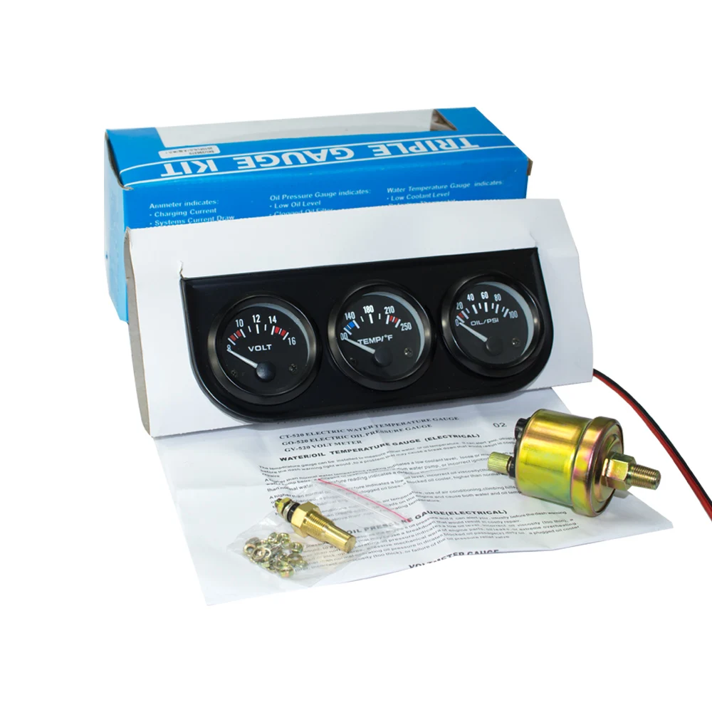 

CNSPPED 52mm Car Meter Triple Electrial Gauge Kit Water Temp Gauge+Oil press+Voltmeter Temperature Sensor YC100893