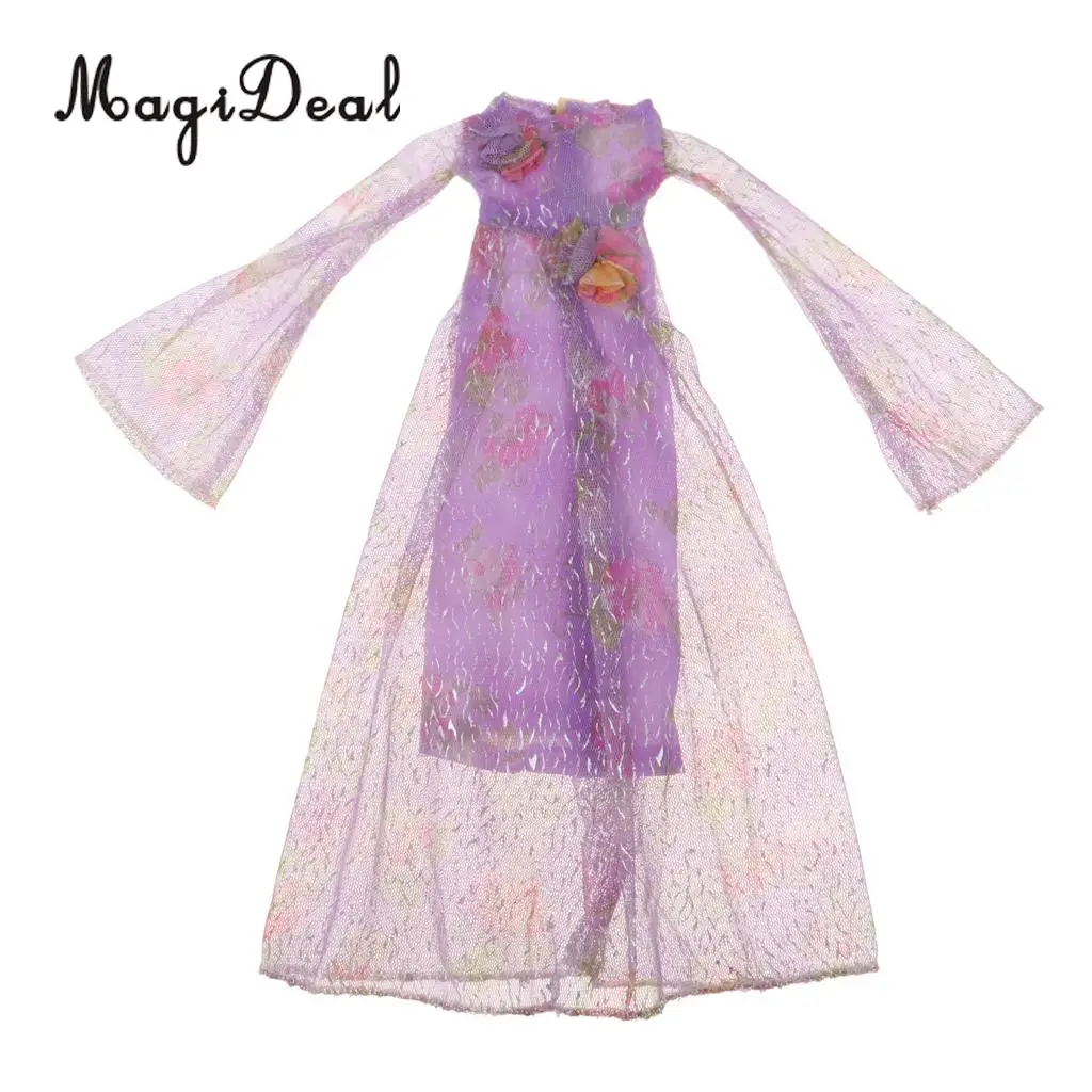 12 inch Doll Dresses Elegant Lady Long Sleeves Dancing Dress Sequined  Evening Dress Clothes for Blythe Doll Accessories Purple