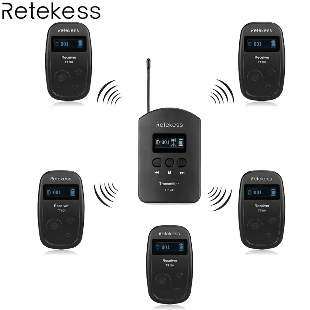 

Retekess Wireless Tour Guide System 1 Transmitter + 5 Receiver TT103&TT104 for Church Listening Teaching Traveling