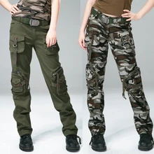 Женские камуфляжные брюки, хлопковая форма, длинные брюки, военная форма, мешковатая прямая трубка, мульти сумка, брюки