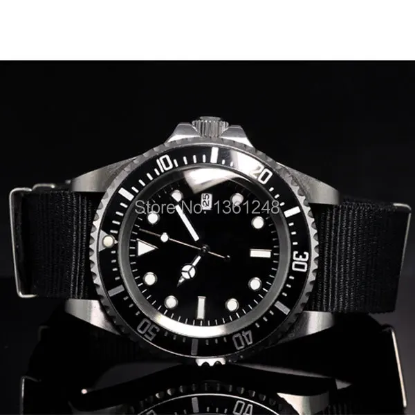 42 мм parnis черный стерильный циферблат светящиеся знаки Дата Окно Винтаж море автоматический механизм ткань нейлоновый ремешок мужские часы P10