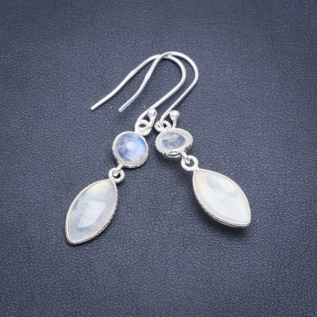 

Natural Rainbow Moonstone Handmade Unique 925 Sterling Silver Earrings 1.75" A2124