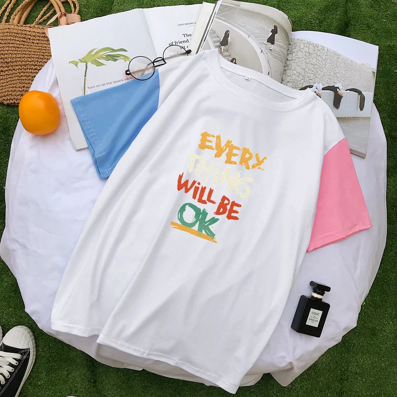 Summer Female T Shirts Women Fuuny EVERYTHING WILL BE OK Colorful Splicing Cotton Tops Streetwear Harajuku Casual Korean Clothes