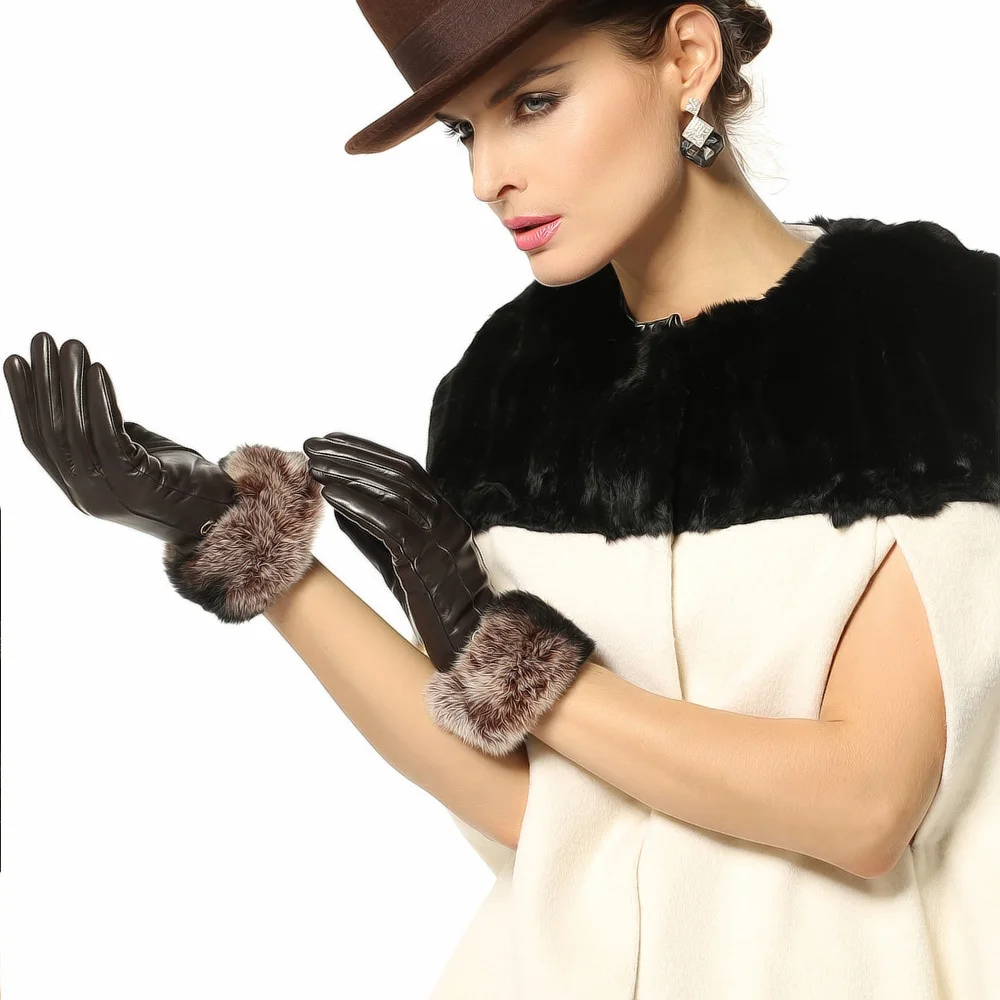 Модные зимние кожаные перчатки для женщин на запястье из натурального кроличьего меха, женские перчатки из овчины для вождения EL024NC1