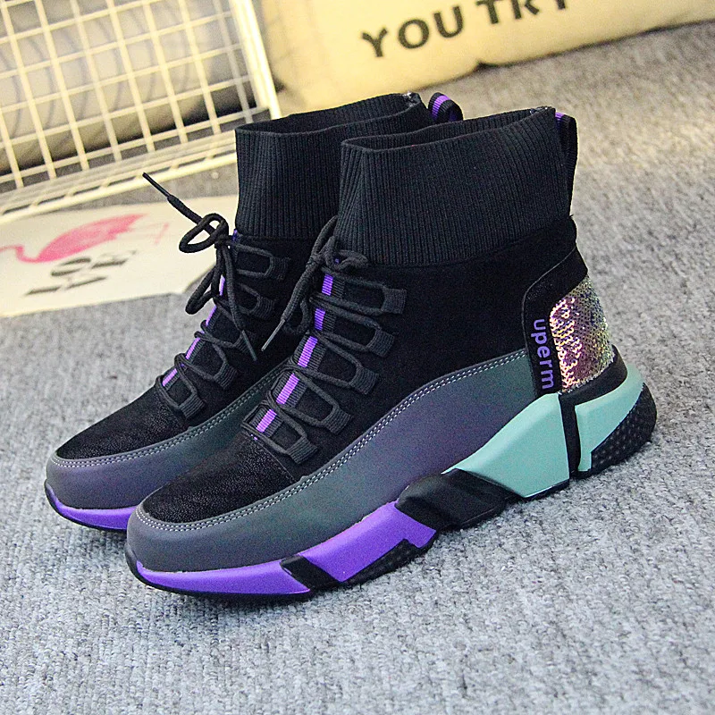

2019 spring new high-top shoes fly woven wool mouth Harajuku retro Hong Kong-flavored shoes women..