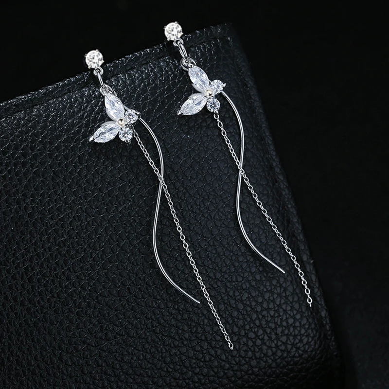 

Fashion Clear Cubic Zirconia Butterfly Earrings For Women Luxury Silver Color Long Chain Tassel Dangle Earrings