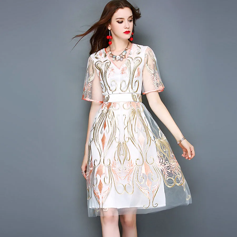 Fairy Novelty Dresses Summer Women V neck 2017 Eleagant Sexy Embroidery