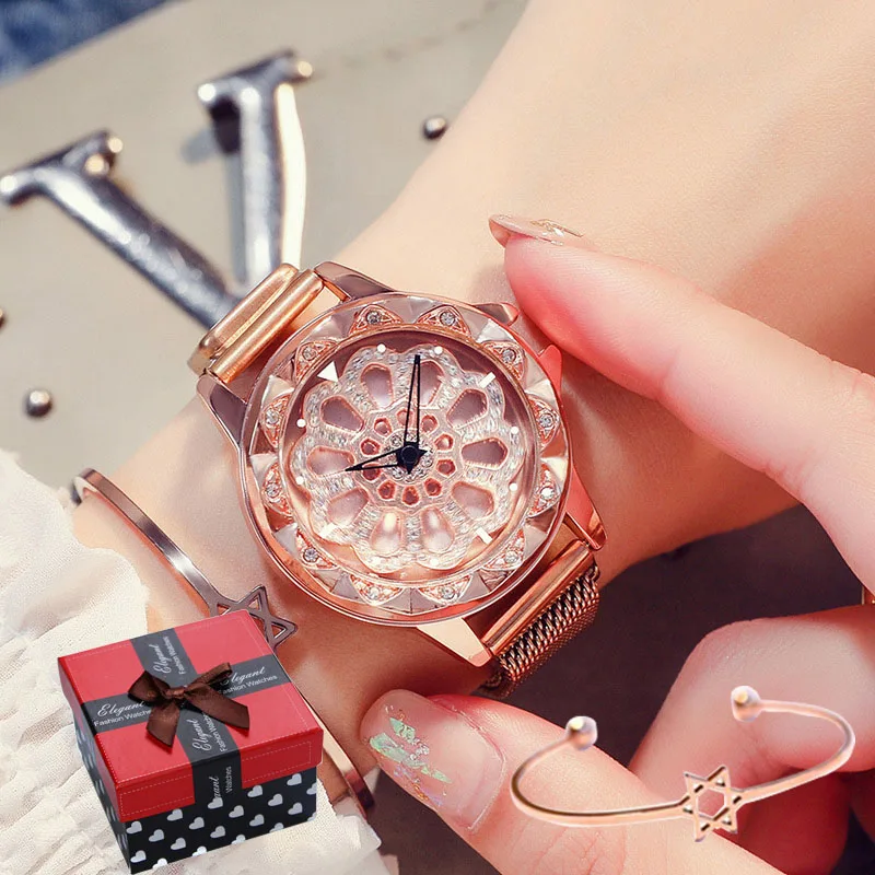 

Relogio Feminino Women Watch 2018 Luxury Rotation Magnetic Wrist Watches Rhinestone Wristwatch With Box Bracelet zegarek damski