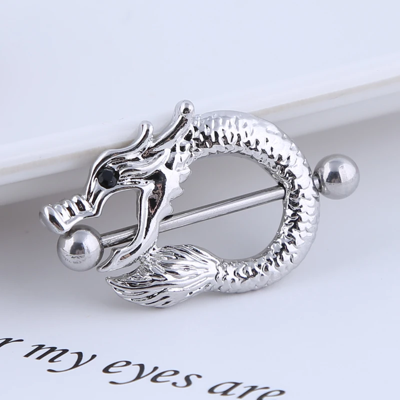 

2PCS Steampunk Nipple Piercing For Men Vintage Silver Color Dragon Piercing Nipple Barbell Ring Body Jewelry Shield 14g Piercing