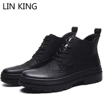 LIN KING/мужские мотоциклетные ботинки из искусственной кожи; сезон осень-зима; черные ботинки с перфорацией типа «броги» на шнуровке; мужские ботинки с высоким берцем; короткая обувь