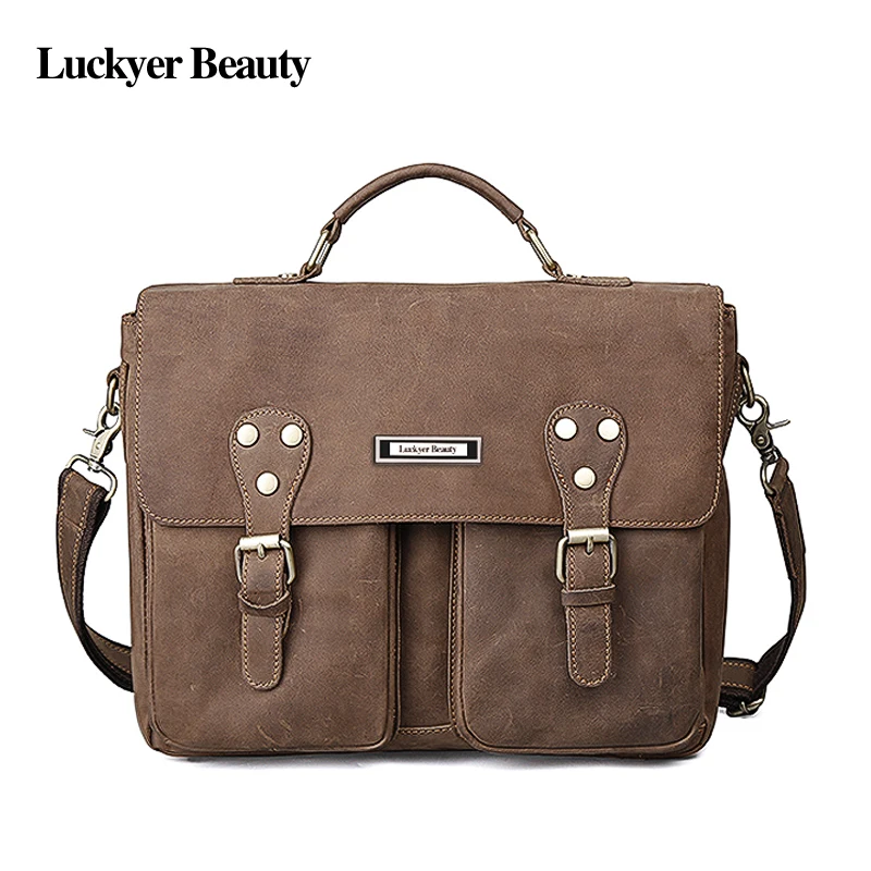 

LUCKYER BEAUTY Vintage Men's Briefcase Genuine Leather Tote Laptop Bags Men Business Documents Portfolio Casual Shoulder Bags