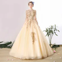 Long Sleeve Gold Lace Appliques Long Ball Gown Quinceanera Dresses Beading Crystal Crew Neck Pearl Sweet 16 Dress Princess Gowns