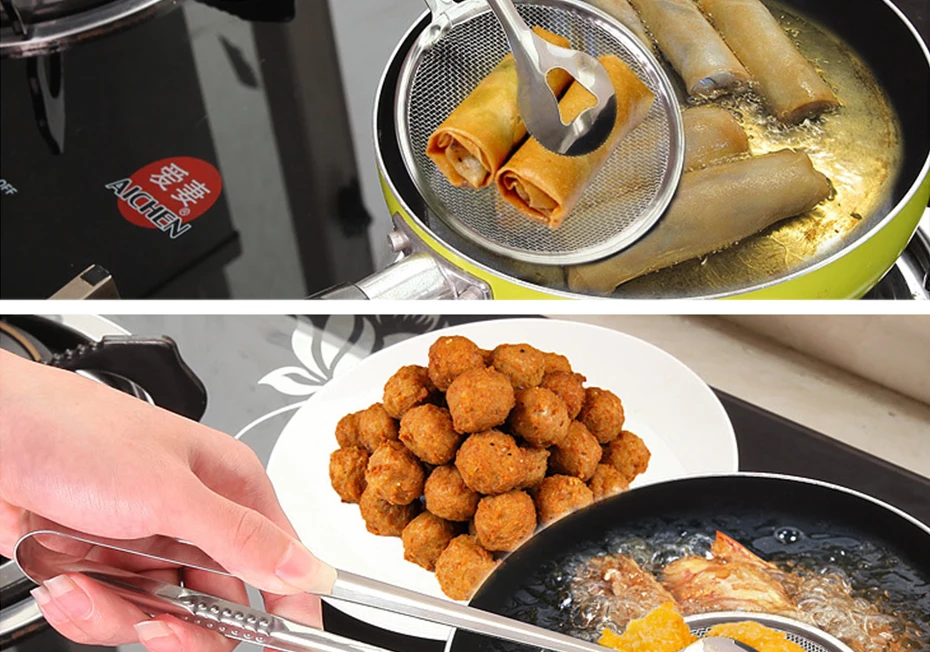 Kitchen Gadgets Tools Stainless Steel Colander oil Strainers Fried Food Filter Spoon with Clip France Fried Tong Mesh Colander