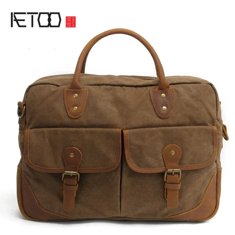 

AETOO With leather handbag section briefcase men and women fashion personality business package canvas laptop bag 15 inch