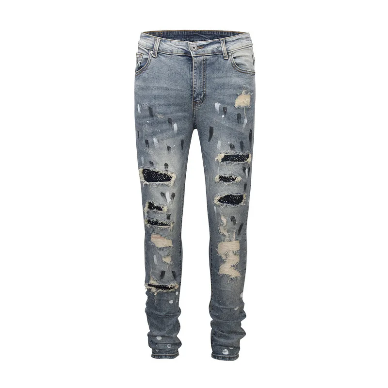 Men's Jeans Kanye West Fear of God Hip Hop Denim Hole Paste crystal Jeans Men Streetwear Casual Jogger Full Length Pencil Pants