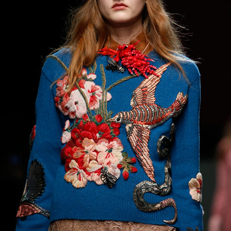 Tanio Designerska bluzka damska niebieski ptak haftowany sweter