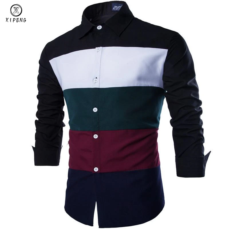 Prix 2019 nouveau automne mode hommes vêtements Slim Fit hommes à manches longues rayé couleur Chemise hommes Patchwork décontracté Chemise hommes Chemise sociale