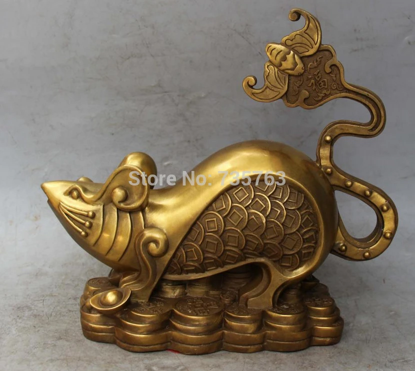 

001135 10"Chinese Bronze Carved Wealth Money Zodiac Year Mouse Mice Animal Bat Statue