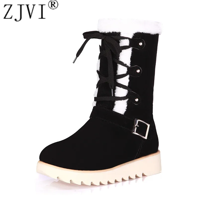 

ZJVI woman fashion warterproof flat mid calf boots for women suede winter snow boots ladies sexy wedges heels cross tied shoes