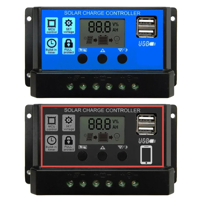 Солнечный контроллер 12 В 24 В 60A 50A 40A 30A 20A 10A солнечный регулятор PWM Солнечная Панель зарядное устройство ЖК-дисплей двойной USB 5 В выход