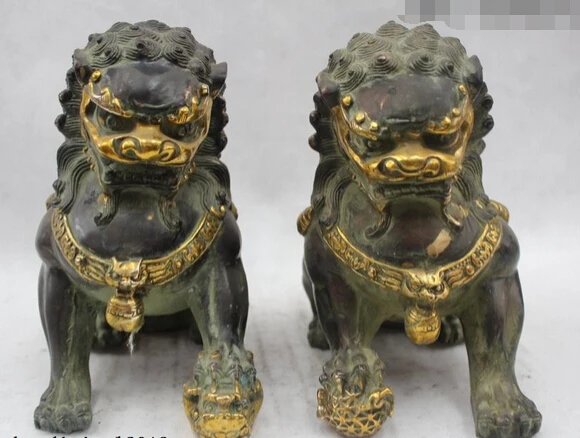 

bi002341 8"Chinese Folk Pure Bronze Gild Lucky excellent Lifelike Foo Dogs Lion Statue