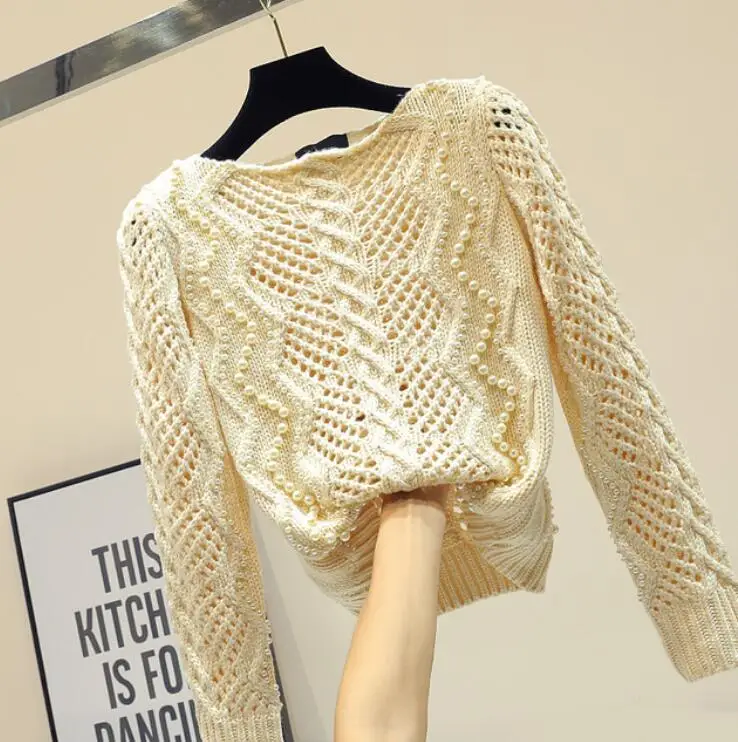 Femmes Pull Manches Tricot Apricot Filles Creux Automne Perle Longues Dames Manteau Chandails Vestes 2019 Perlée Out Printemps Mode Chandail De OEFFq