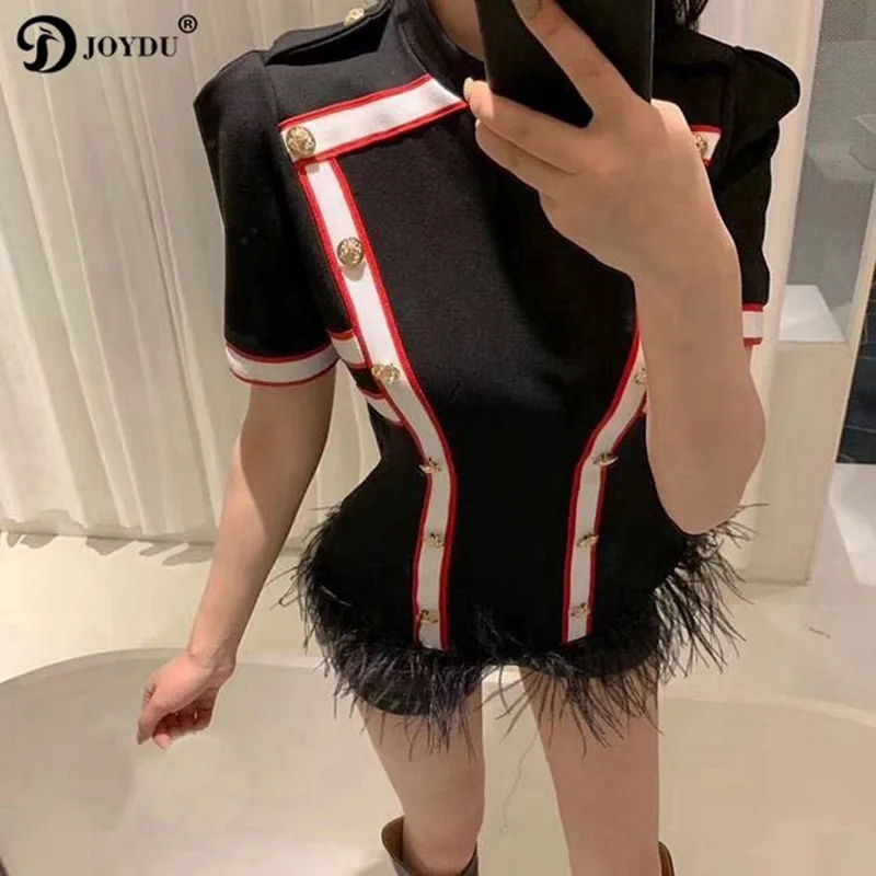 

JOYDU Europe Design Knitted tshirt 2019 Color Block Double Breasted Fashion T-shirt Women Feather Patchwork Sweet Summer T-shirt