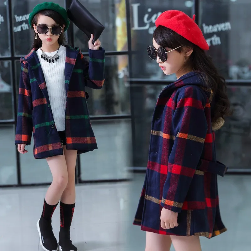 Клетчатые куртки для девочек; одежда; сезон осень-зима; пальто для девочек; новая Корейская версия; длинные детские пальто