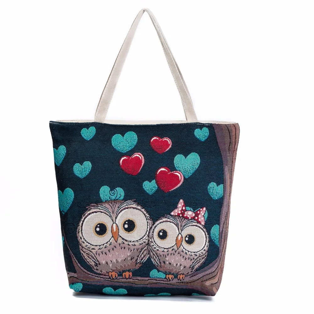

2018 Linen shopping bag women Tote stuff pouch animal Owl pattern handbag zipper female item organizer embroidery dropshipping