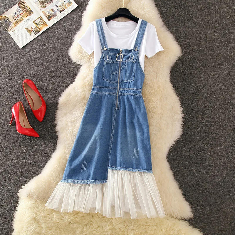 

Womens Summer Denim Sets 2019 New Irregular Slim Zipper Mesh Stitching Denim Strap Dress and T-shirt Casual Ladies Two Piece Set