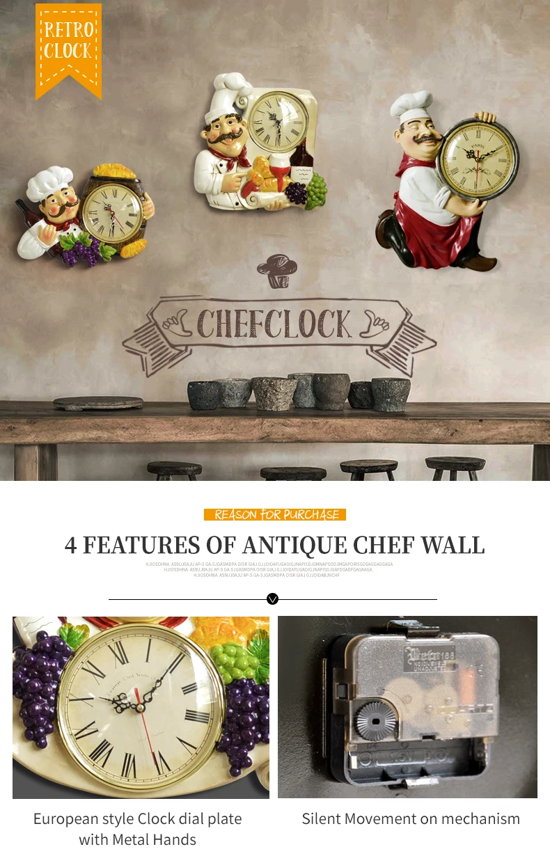 Resin Chef Cute Wall Clock Home Watch Bathroom Kitchen Clock vintage Wall Watches Home Decor Wall Clock Modern Design