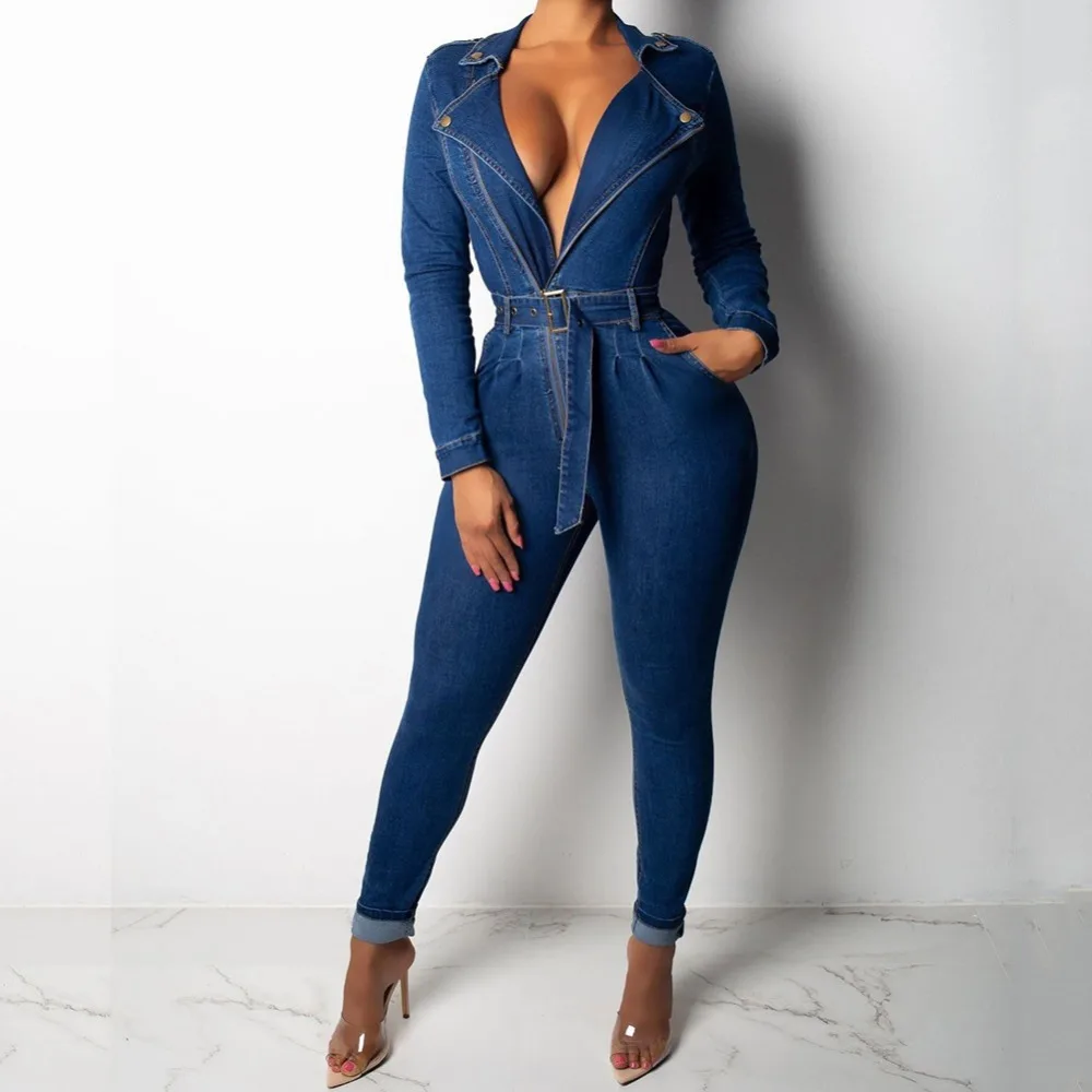 

2019 New Fashion Women Jumpsuit Sexy Belted zipper Bodycon Rompers High quality Denim Jumpsuit Overalls Plus size Bodysuits