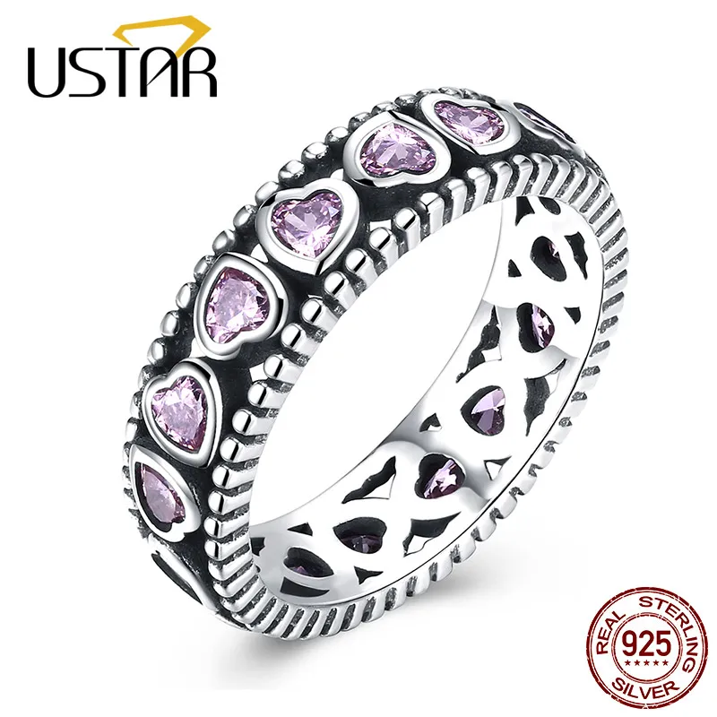 

USTAR Retro Pink Heart Wedding Rings for women 925 sterling silver Jewelry Engagement ring female anel Bague Femme