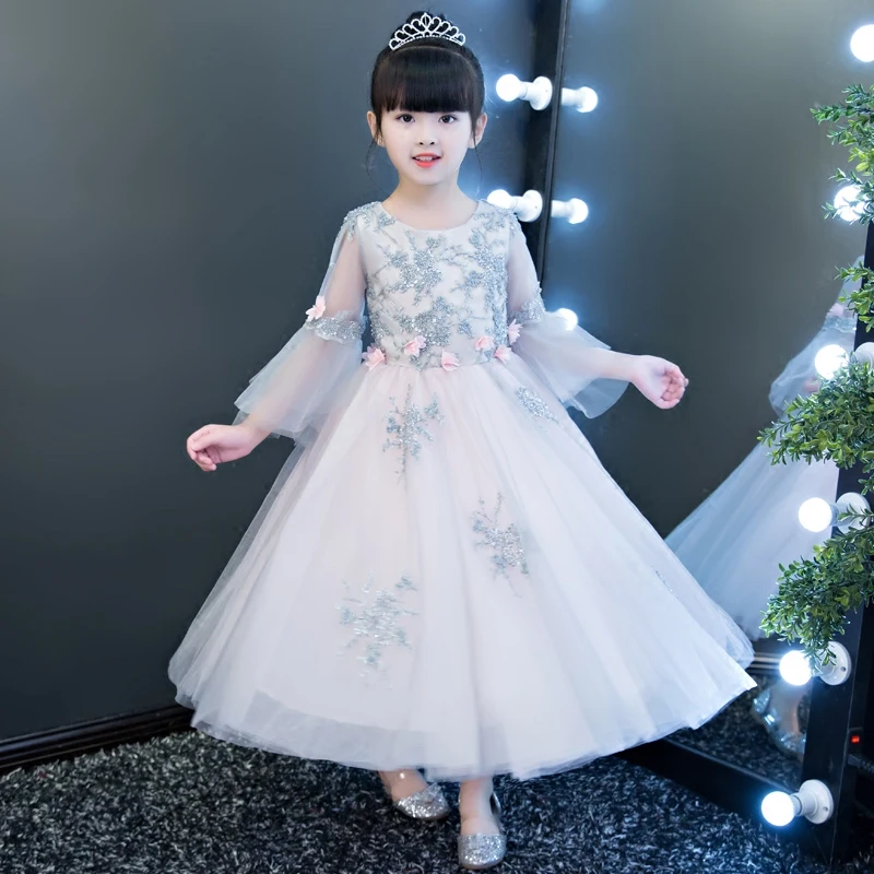 Новое роскошное элегантное детское кружевное платье принцессы с цветами для девочек на день рождения и свадьбу, бальное платье детский костюм для подростков длинное платье