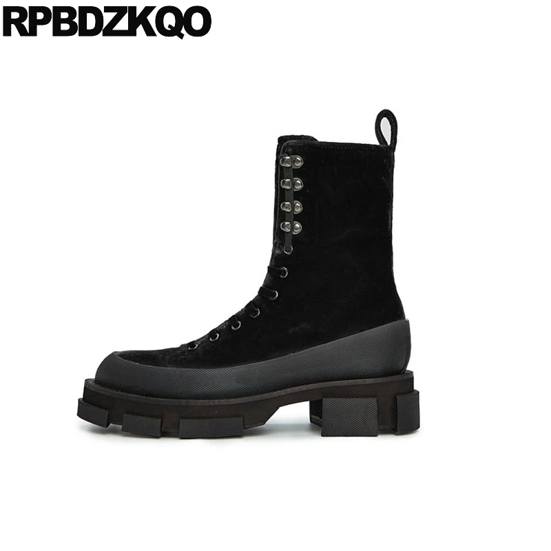 

high quality muffin shoes flatform black lace up chunky combat military autumn velvet platform women ankle boots 2018 round toe