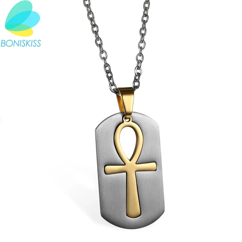 Boniskiss Collare Dog Tag Men Egyptian Ankh Cross Stainless Steel Necklaces & Pendants Silver Color Wholesale Christian Jewelry