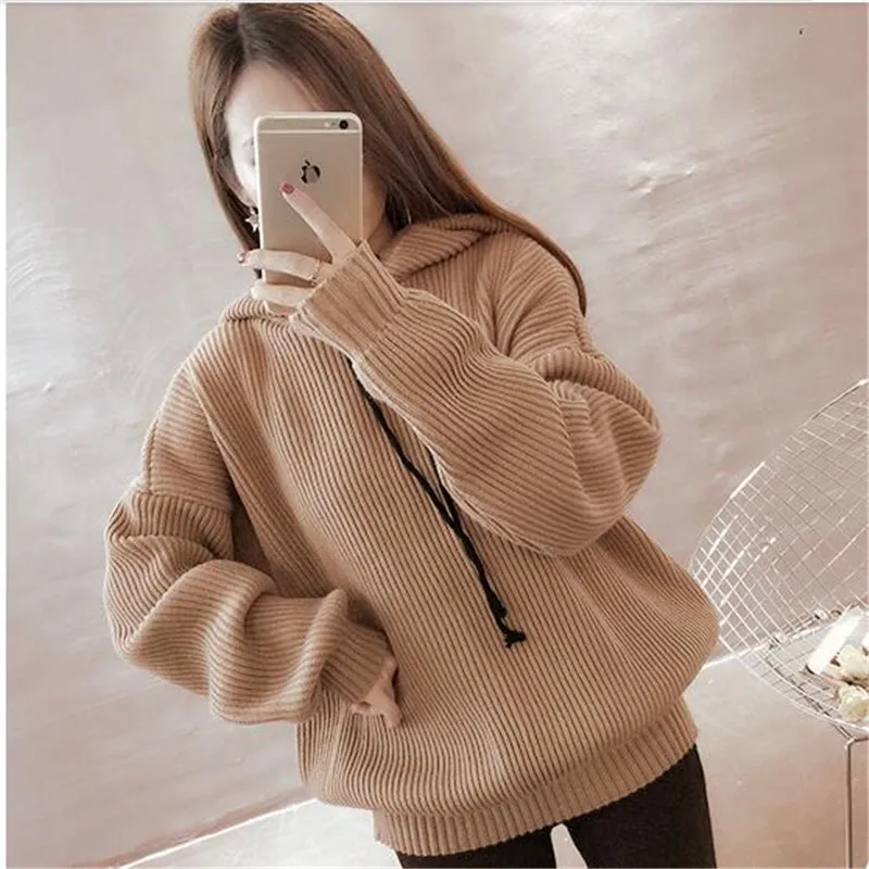 2019 New Hooded knitting Sweater Long Loose Women Sweater Female Autumn and Winter Coat Warm Knitted pullover tops Girls A0066