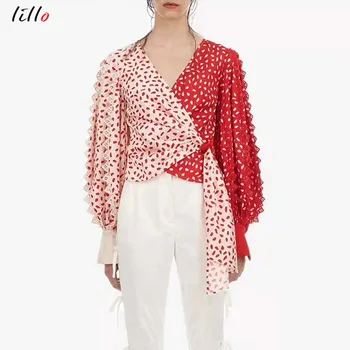 

Lantern Sleeve Polka Dot V-Neck Shirt 2019 spring and summer new wave point red and white color matching lanterns sleeves wrappe