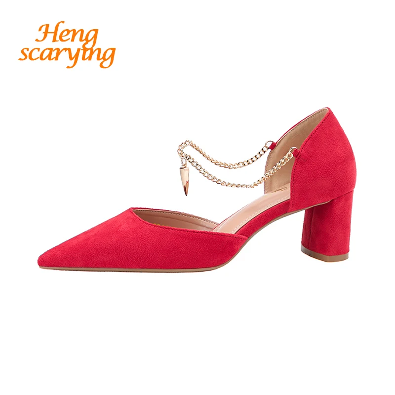

2018 Women Summer 5.5cm Fetish High Heels Lady Pointed Toe Med Red Thick Heels Pumps Female Metal Chain Block Heels Party Shoes