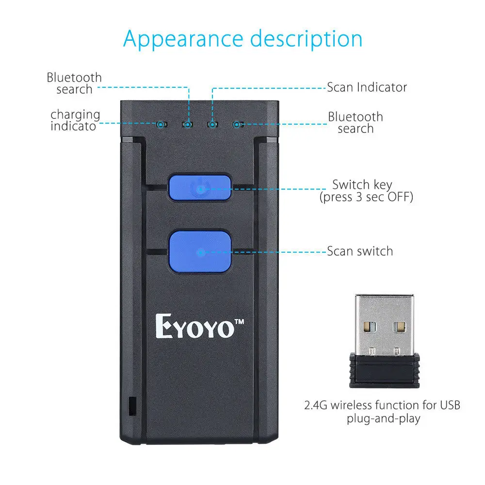 EYOYO MJ-2877 Mini Barcode Scanner 1D 2.4G Bluetooth Wireless Bar Code Scanner For Android IOS Windows