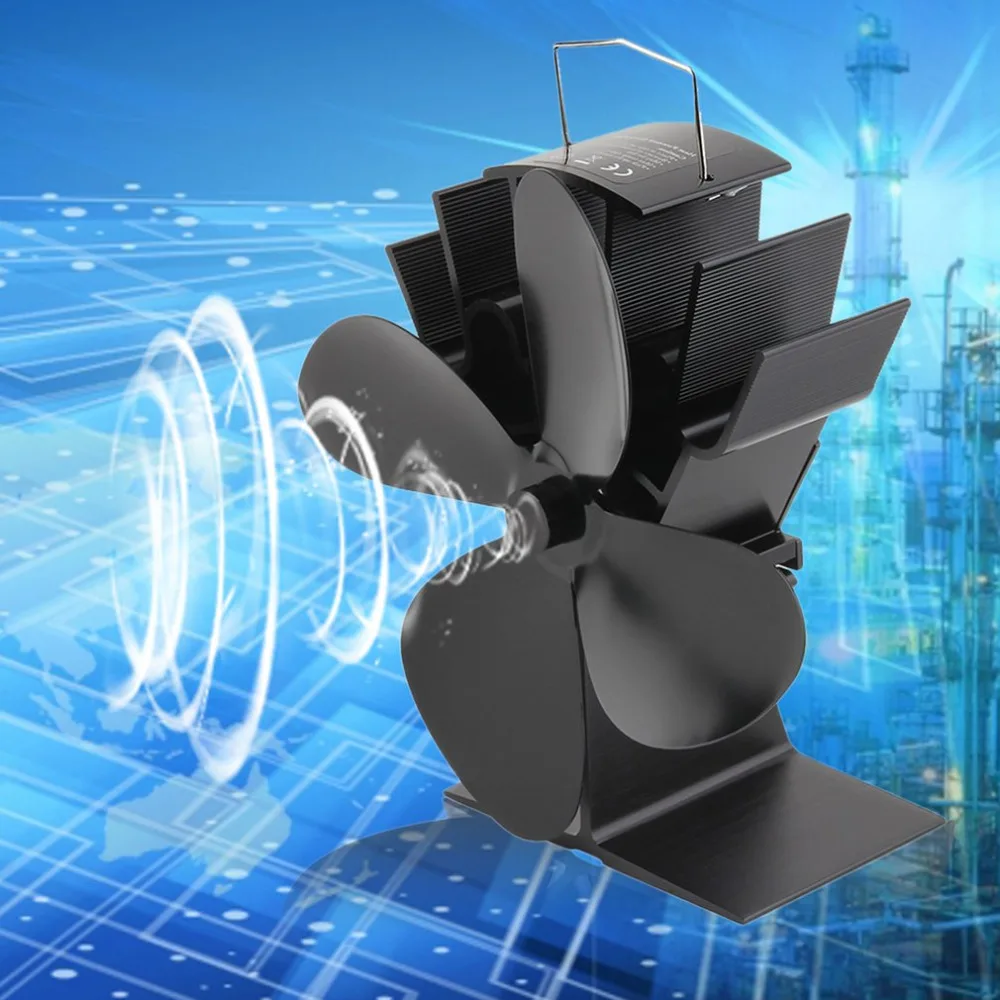 

100% brand new Durable 4 Blades Aluminum Black Heat Powered Stove Fan Fuel Saving Stove Fan Eco-friendly Wood Burner Stove Fan