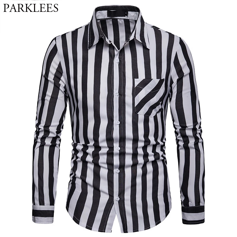 الرجال التباين أسود أبيض مخطط اللباس قمصان عادية سليم صالح زر أسفل قميص الرجال طويلة الأكمام قميص رسمي للأعمال مع جيب 2XL الرجال التباين أسود أبيض مخطط اللباس قمصان عادية سليم صالح زر أسفل قميص الرجال طويلة الأكمام قميص رسمي للأعمال مع جيب 2XL